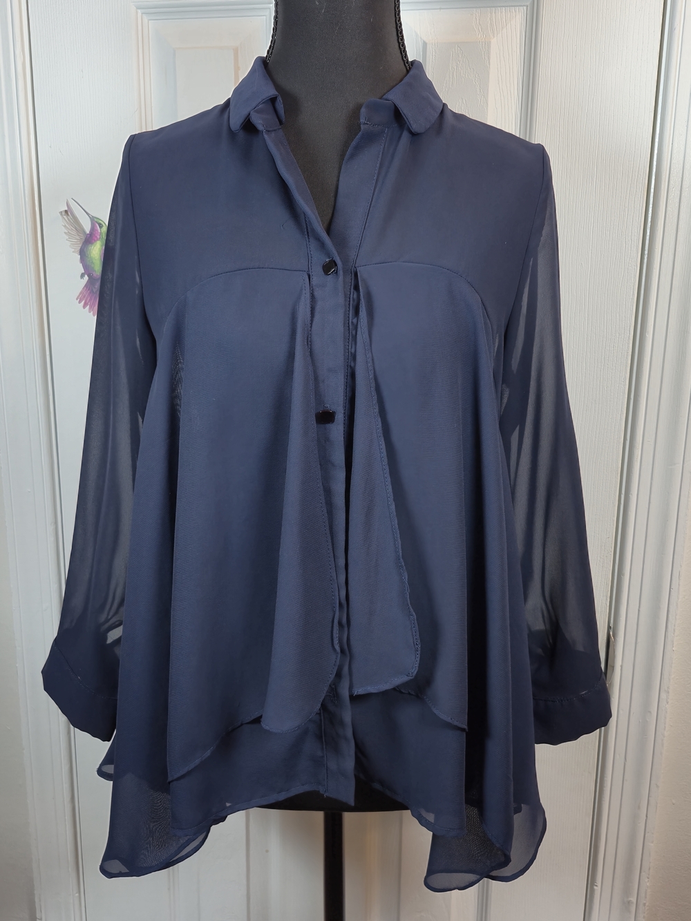 Plastic Island Navy Sheer Layered Peplum Blouse XS